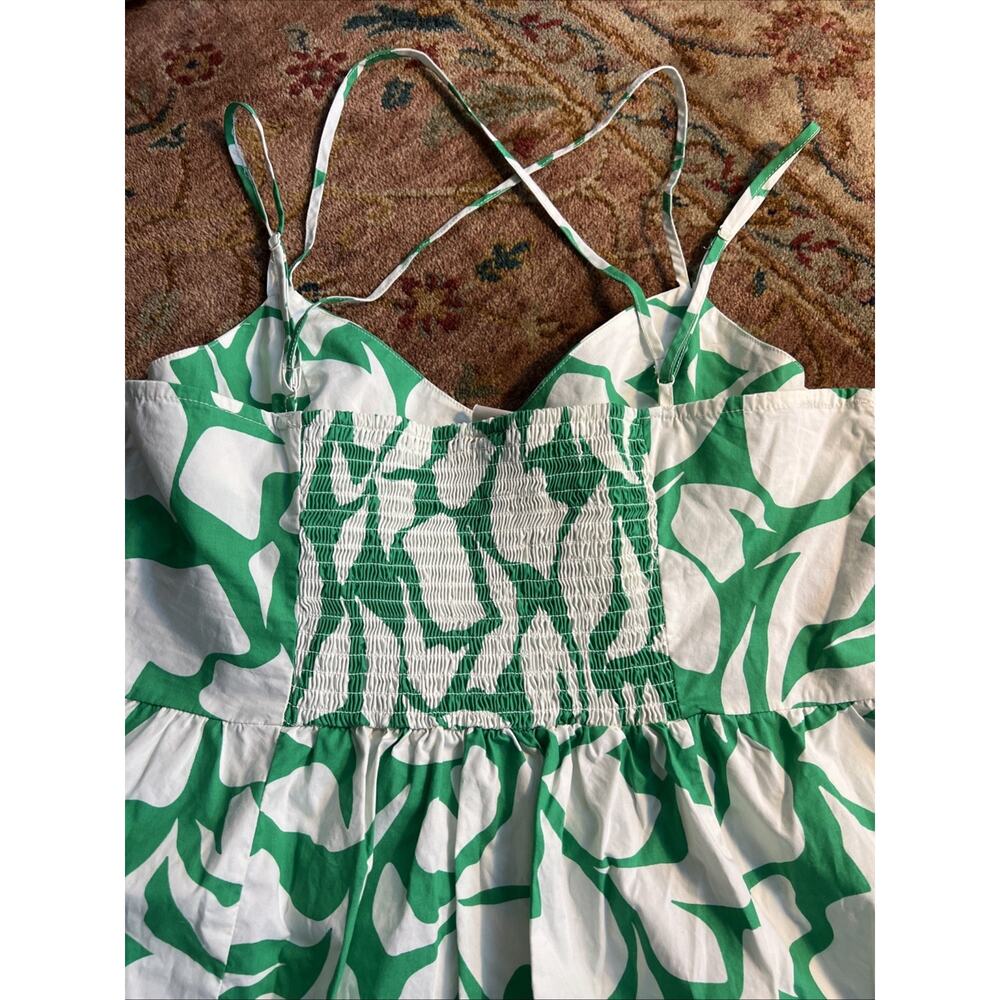A New Day Vibrant Green & White Abstract Print Smocked Midi SunDress Resort L - Picture 7 of 7